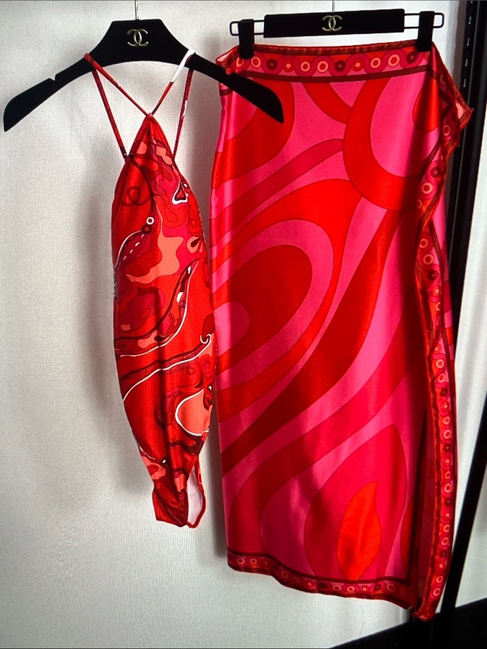 Red & Pink Swirl One-Piece Halter Swimwear